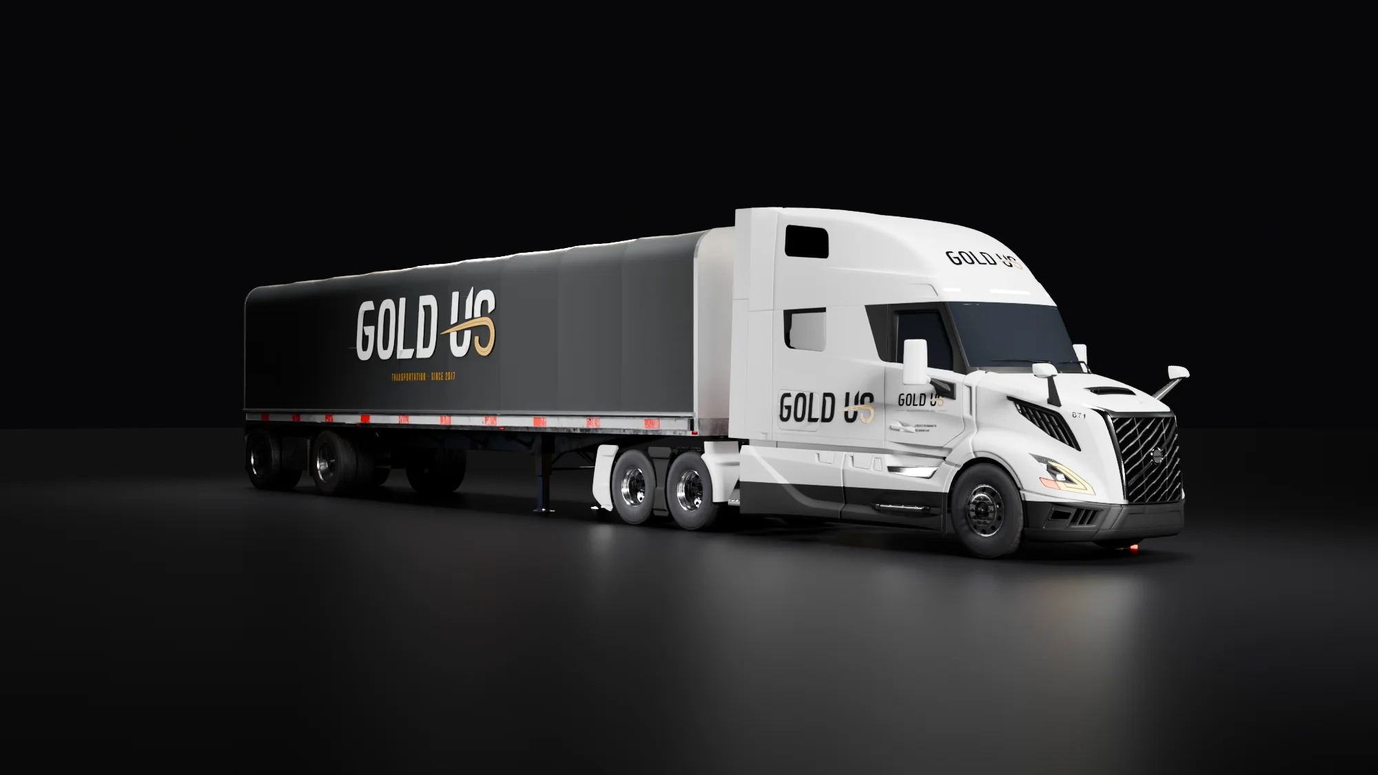 A Gold US truck pulling a Conestoga trailer