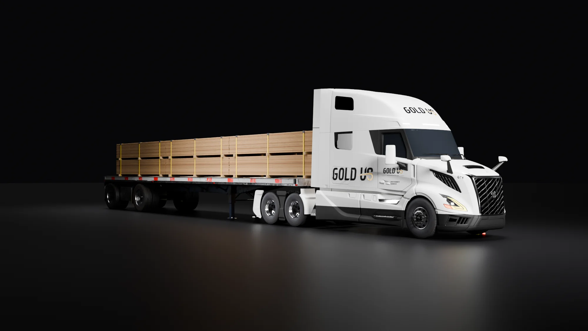 A Gold US truck pulling a flatbed trailer