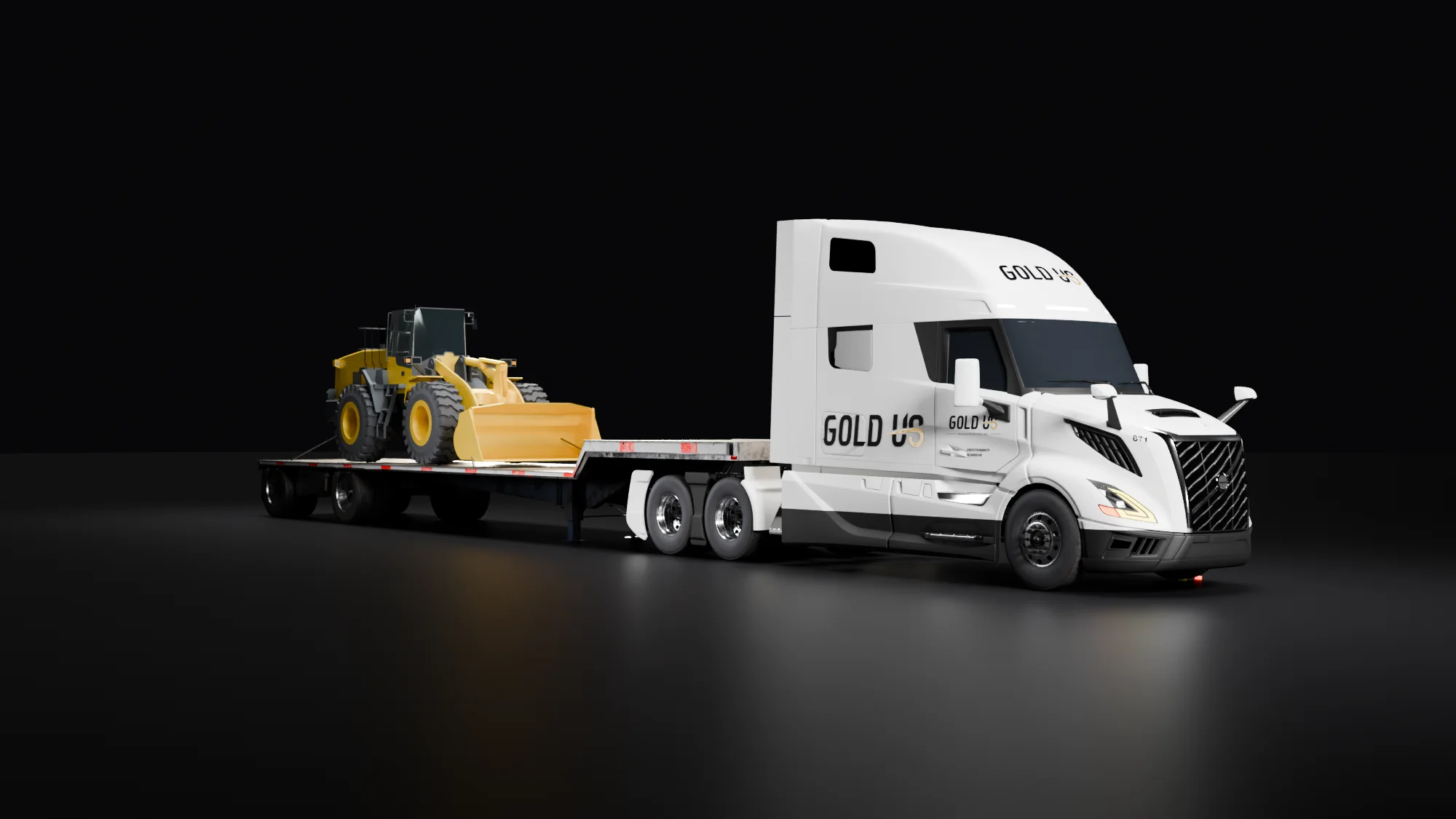A Gold US truck pulling a step deck trailer